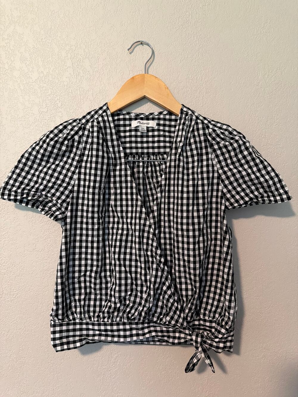 Madewell black and white gingham check wrap top SZ XXS